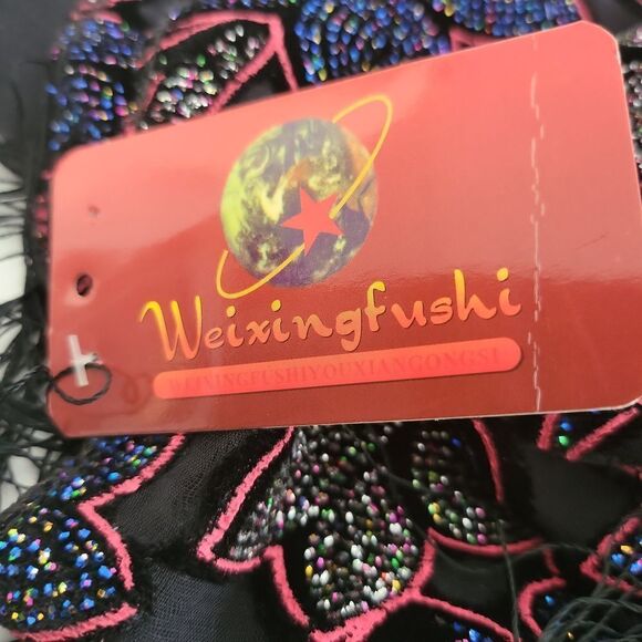 Weixinfushi Black Silk Embroidered Velvet Sequined Floral Fringe Shawl Scarf NWT - Picture 7 of 7